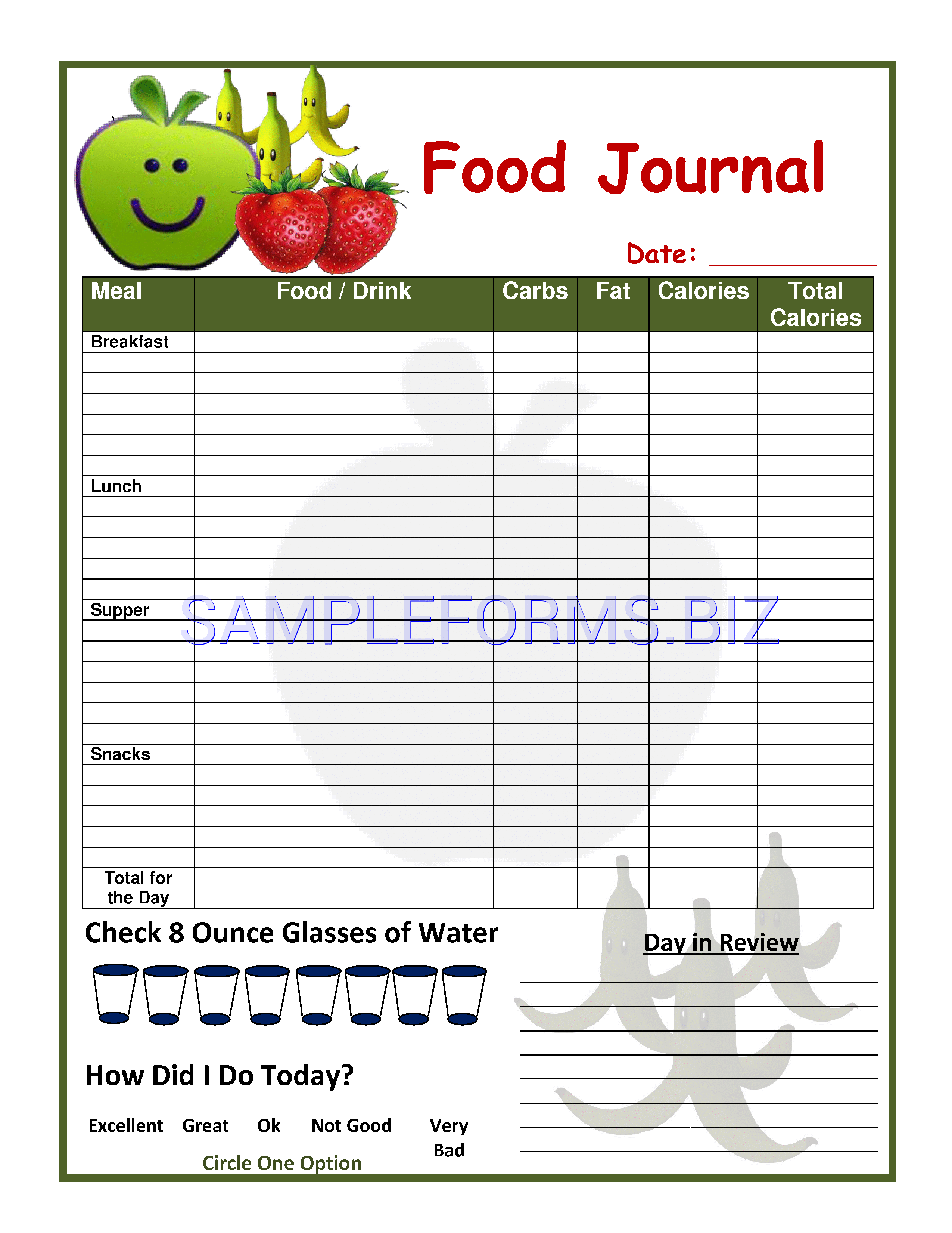 Preview free downloadable Food Journal Template in PDF (page 1)